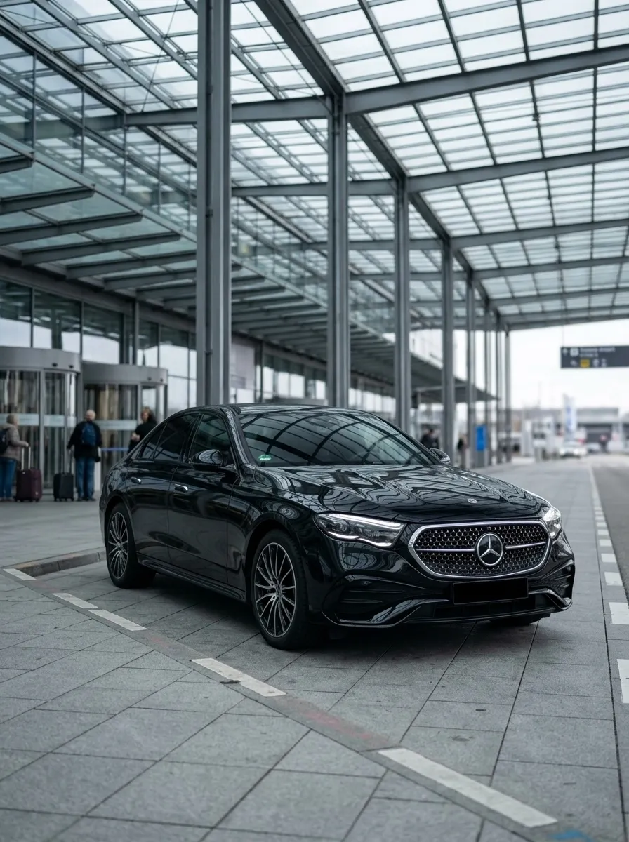 Chauffeur empfängt Geschäftsreisende am Flughafen München