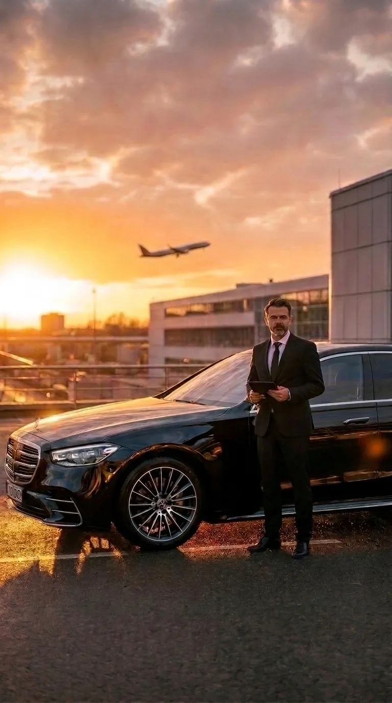 Chauffeur mit schwarzer Mercedes S-Klasse bei Sonnenuntergang am Flughafen München