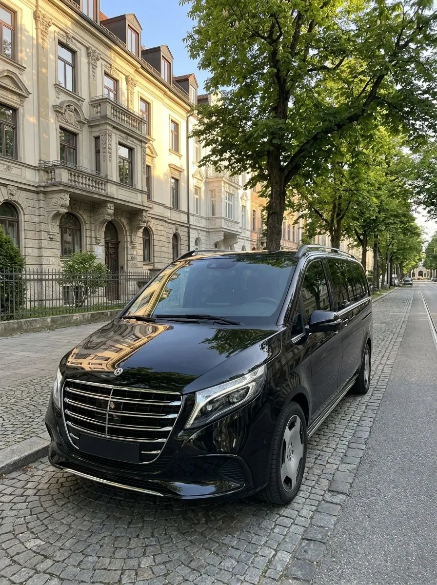 Chauffeur München vor Luxus-SUV in gehobener Wohngegend