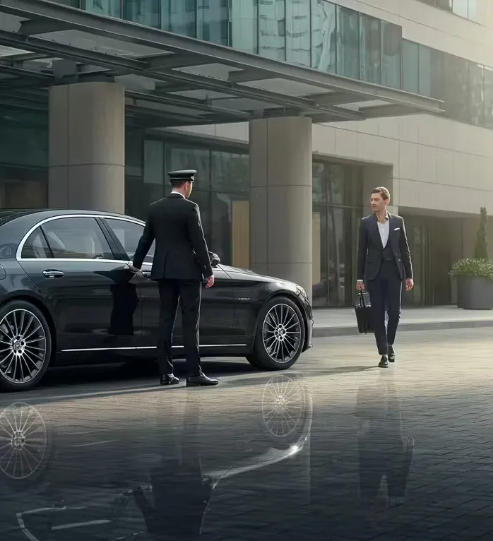 Luxora Chauffeur öffnet Mercedes S-Klasse für Geschäftsreisenden