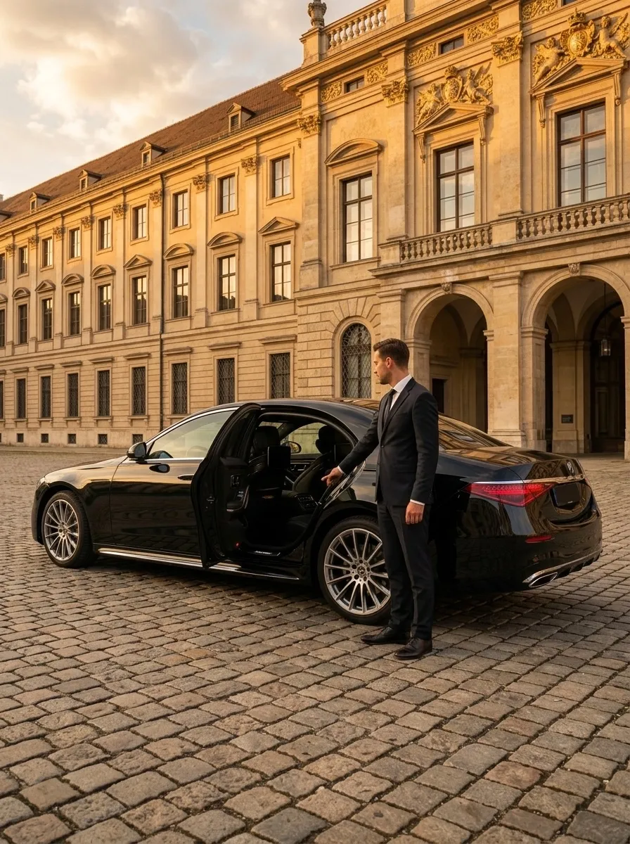 Luxora Chauffeur öffnet Mercedes S-Klasse für Geschäftsreisenden