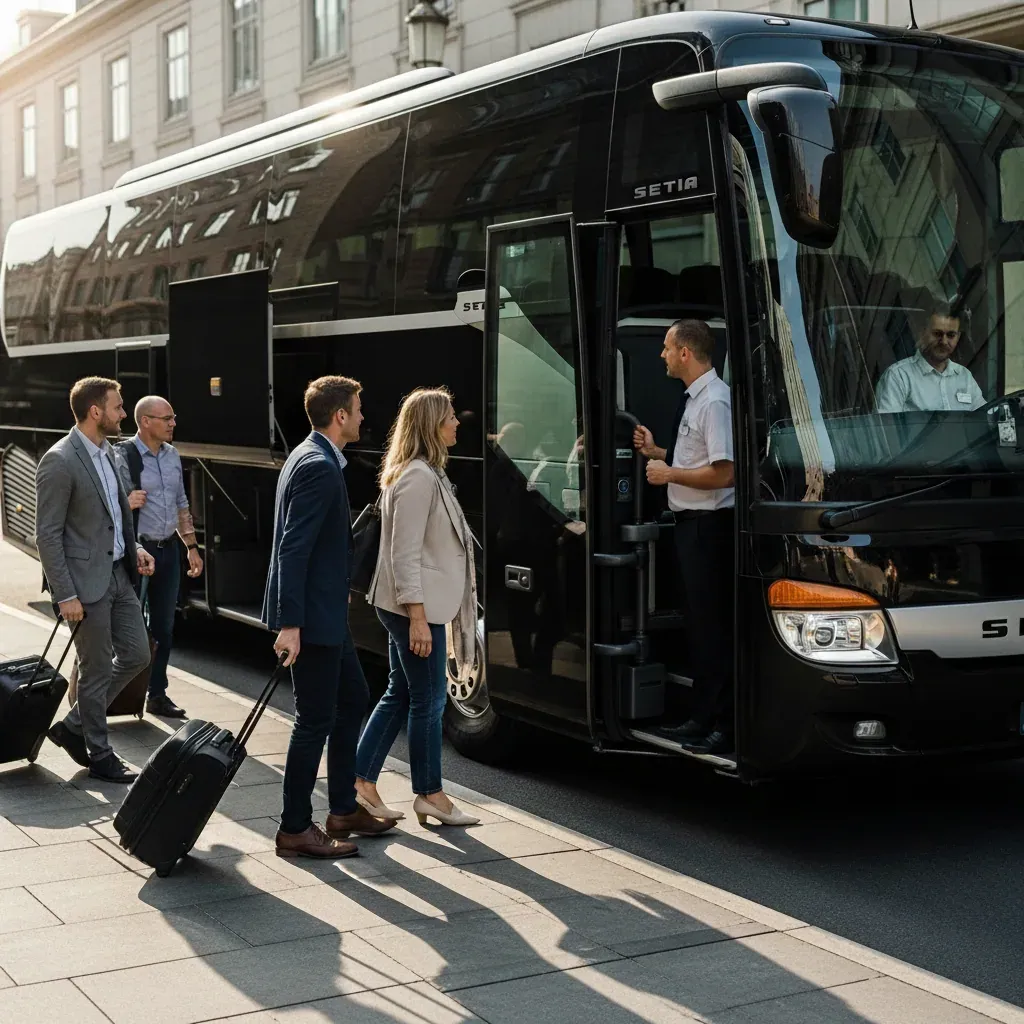 Geschäftsreisende beim Einsteigen in den Setra Reisebus